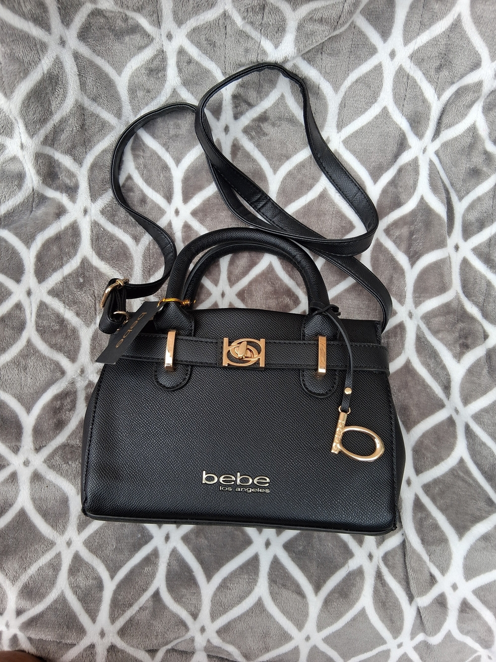bebe Black Pebbled Satchel with Gold Accents